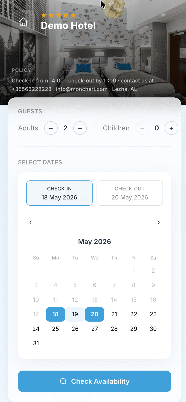 Booking Engine — faqja kryesore