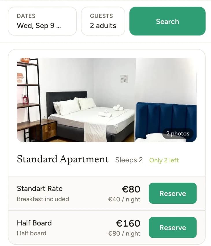 The booking engine on a phone: a date and guest search above a room with its photo, rates and Reserve buttons