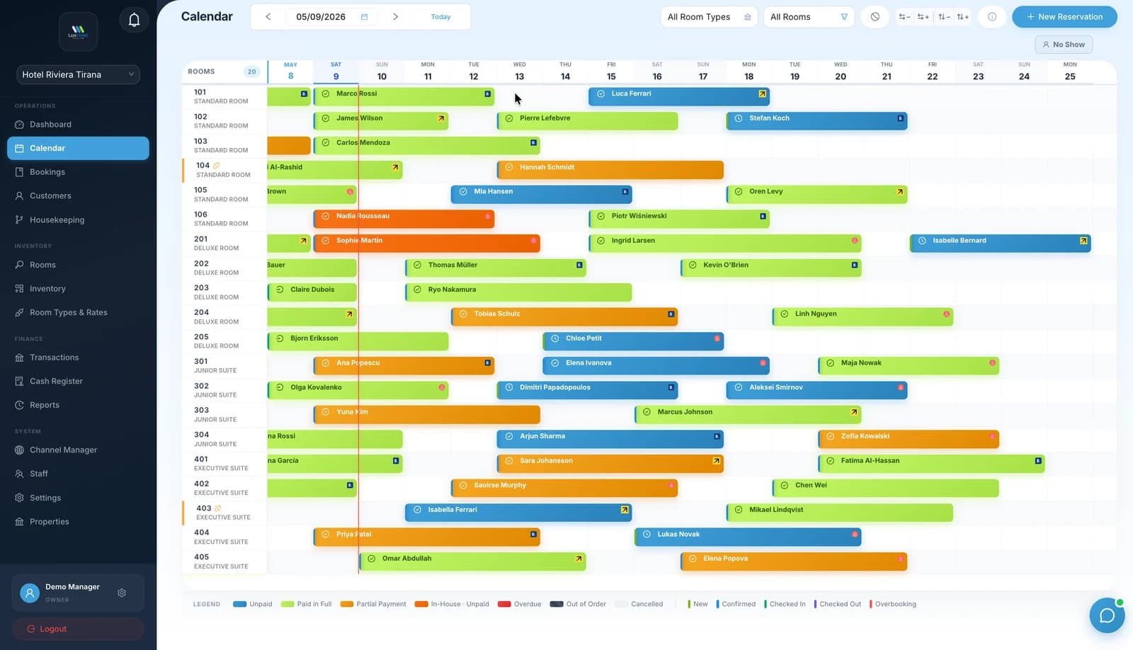 The reservation calendar: three weeks of bookings across twenty rooms, coloured by payment status, with a channel icon on each booking