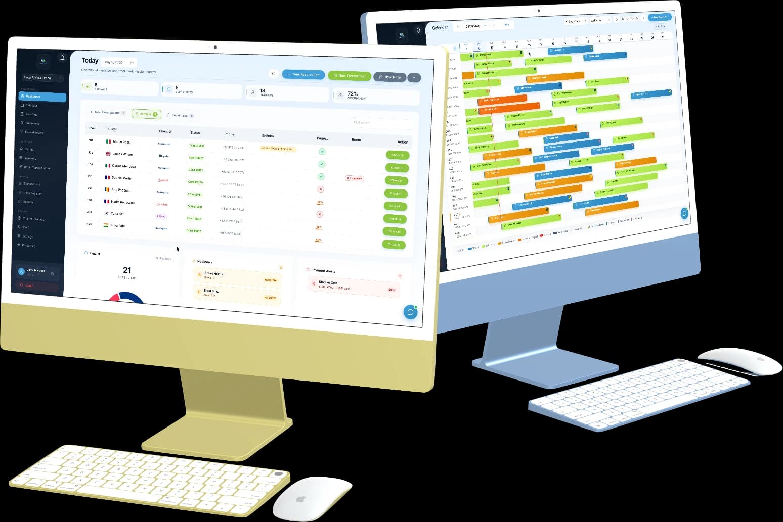 Two desktop computers showing the Today dashboard with arrivals and the reservation calendar