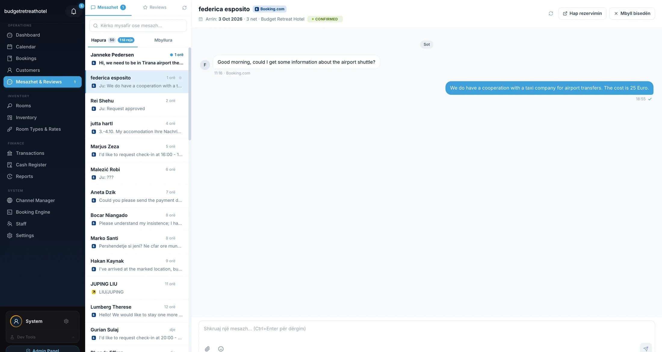 The guest inbox: a list of open OTA conversations on the left and a Booking.com guest's thread on the right, with the booking's dates and status above the reply box