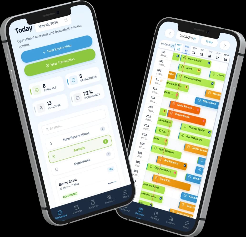 Two phones showing the same dashboard and reservation calendar in the mobile app